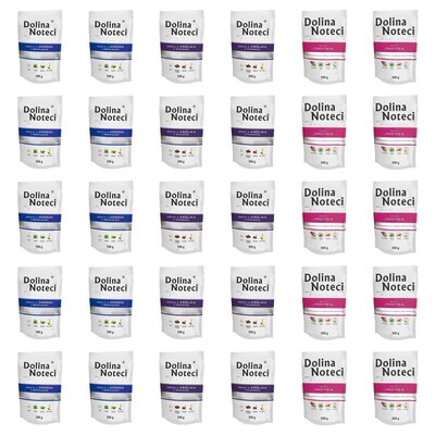 Karma dla psa DOLINA NOTECI Mix smaków Premium bogata w dorsza z brokułami, królika z żurawiną, indyka 30 x 500 g