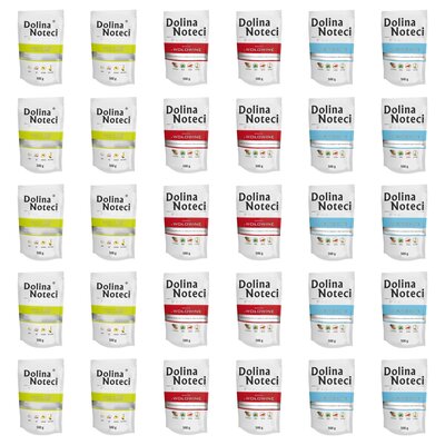 Karma dla psa DOLINA NOTECI Mix smaków Premium bogata w gęś z ziemniakami, wołowinę, jagnięcinę 30 x 500 g