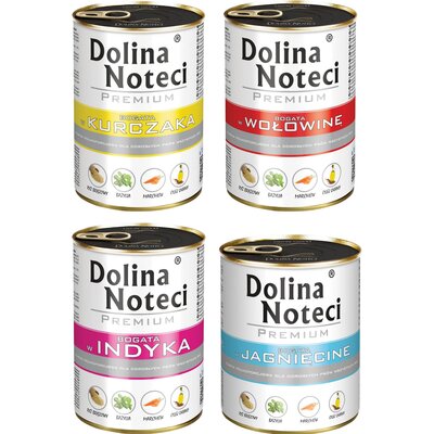 Mix smaków karm dla psa DOLINA NOTECI Premium bogata w kurczaka, wołowinę, indyka, jagnięcinę 4 x 400 g