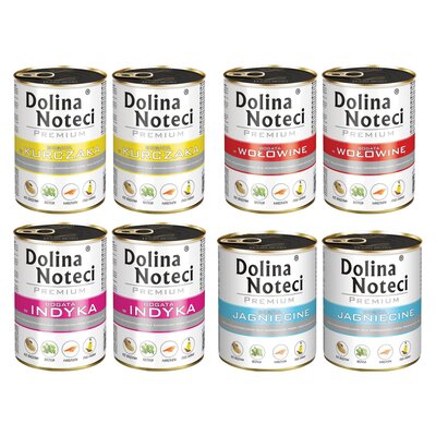 Mix smaków karm dla psa DOLINA NOTECI Premium bogata w kurczaka, wołowinę, indyka, jagnięcinę 8 x 400 g
