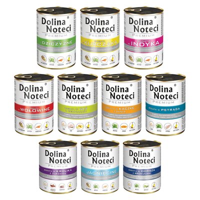 Mix smaków karm dla psa DOLINA NOTECI Premium bogata w dziczyznę, jagnięcinę, kurczaka, indyka, wołowinę, gęś z ziemniakami, królika z żurawiną, pstrąga, dorsza z brokułami, kaczkę z dynią 10 x 400 g