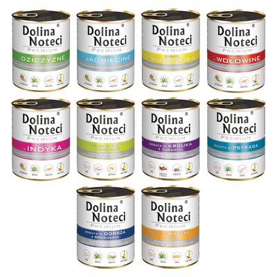 Mix smaków karm dla psa DOLINA NOTECI Premium bogata w dziczyznę, jagnięcinę, kurczaka, wołowinę, indyka, gęś z ziemniakami, królika z żurawiną, pstrąga, dorsza z brokułami, kaczkę z dynią 10 x 800 g