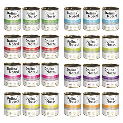 Mix smaków karm dla psa DOLINA NOTECI Premium bogata w jagnięcinę, dziczyznę, indyka, kurczaka, wołowinę, gęś z ziemniakami, królika z żurawiną, kaczkę z dynią 24 x 800 g