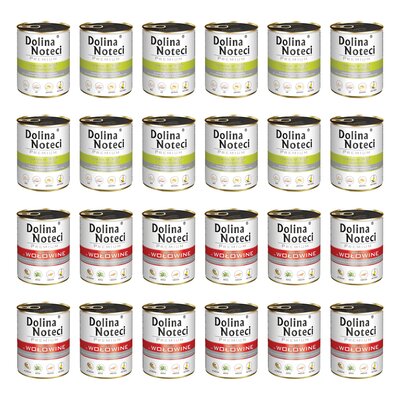 Karma dla psa DOLINA NOTECI Mix smaków Premium bogata w gęś z ziemniakami, wołowinę 24 x 800 g