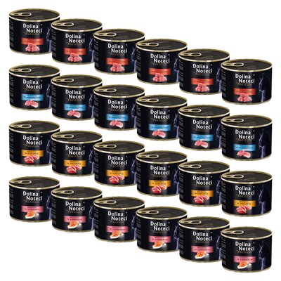 Karma dla kota DOLINA NOTECI Mix smaków Premium z cielęciną, jagnięciną, kaczką, łososiem 24 x 185 g