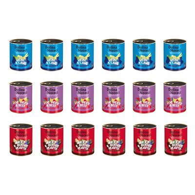 Karma dla psa DOLINA NOTECI Mix smaków Superfood z cielęciną i jagnięciną, sarną i wołowiną, wołowiną i sercami gęsi 18 x 800 g