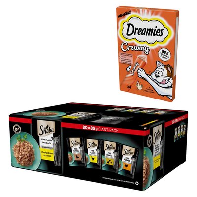 Karma dla kota SHEBA Drobiowe smaki (80 x 85 g) + Przysmak dla kota DREAMIES Creamy Kurczak (4 x 10 g)