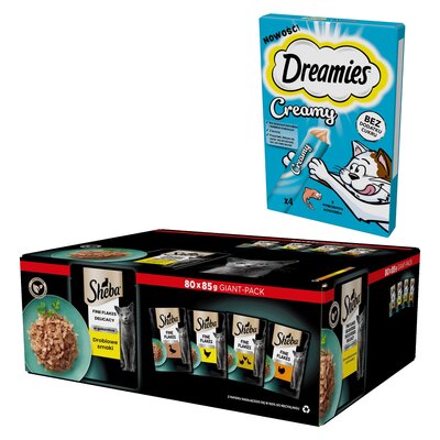 Karma dla kota SHEBA Delicacy Drobiowe Smaki (80 x 85 g) + Przysmak dla kota DREAMIES Creamy Łosoś (4 x 10 g)