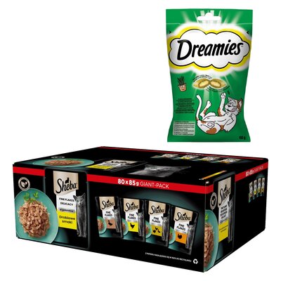 Karma dla kota SHEBA Drobiowe smaki (80 x 85 g) + Przysmak dla kota DREAMIES z Nutą Kocimiętki 60 g
