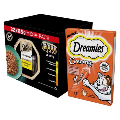 Karma dla kota SHEBA Select Slices Drobiowe smaki (32 x 85 g) + Przysmak dla kota DREAMIES Creamy Kurczak (4 x 10 g)