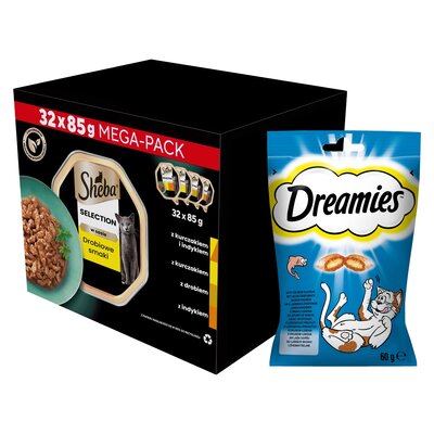 Karma dla kota SHEBA Select Slices Drobiowe smaki (32 x 85 g) + Przysmak dla kota DREAMIES Łosoś 60 g