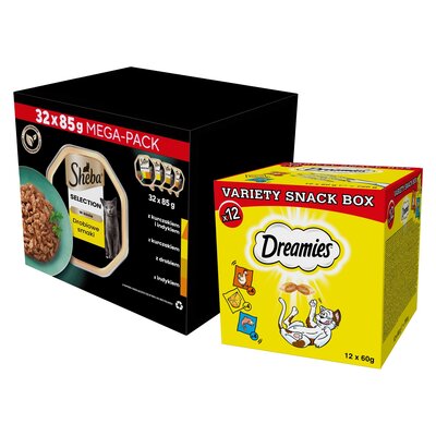 Karma dla kota SHEBA Select Slices Drobiowe smaki (32 x 85 g) + Przysmak dla kota DREAMIES Mix smaków (12 x 60 g)