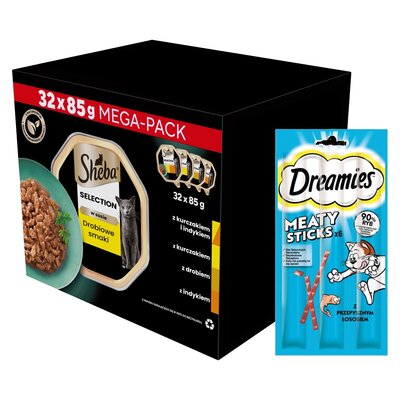 Karma dla kota SHEBA Select Slices Drobiowe smaki (32 x 85 g) + Przysmak dla kota DREAMIES Meaty Sticks z Łososiem 30 g