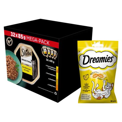 Karma dla kota SHEBA Select Slices Drobiowe smaki (32 x 85 g) + Przysmak dla kota DREAMIES Żółty ser 60 g