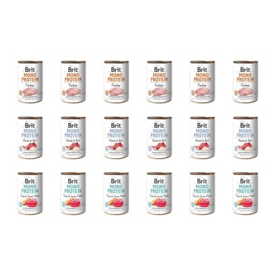 Karma dla psa BRIT Mix smaków Mono Protein Indyk, Jagnięcina z ryżem, Tuńczyk z ziemniakami 18 x 400 g