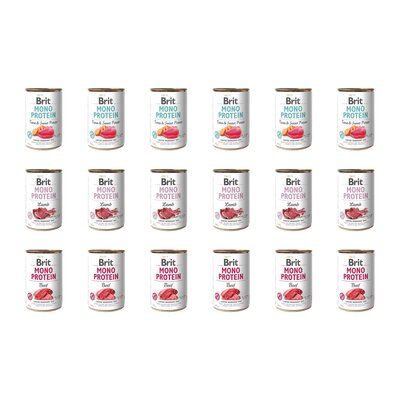Karma dla psa BRIT Mix smaków Mono Protein Tuńczyk z ziemniakami, Jagnięcina, Wołowina 18 x 400 g