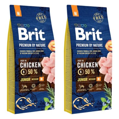 Karma dla psa BRIT Premium By Nature Junior Medium Kurczak 2 x 15 kg