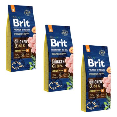Karma dla psa BRIT Premium By Nature Junior Medium Kurczak 3 x 15 kg