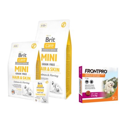Karma dla psa BRIT Care Mini Hair & Skin Łosoś ze śledziem 7 kg + Tabletka przeciw pchłom i kleszczom FRONTPRO S (2 - 4 kg) Ochrona przez 12 tygodni