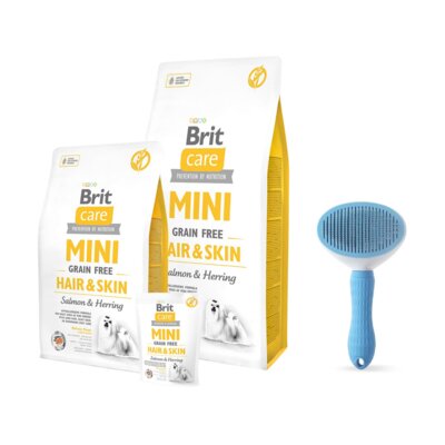 Karma dla psa BRIT Care Mini Hair & Skin Łosoś ze śledziem 7 kg + Szczotka PETIQUE PET01
