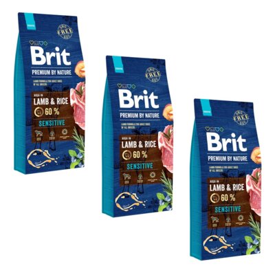 Karma dla psa BRIT Premium By Nature Jagnięcina z ryżem 3 x 15 kg