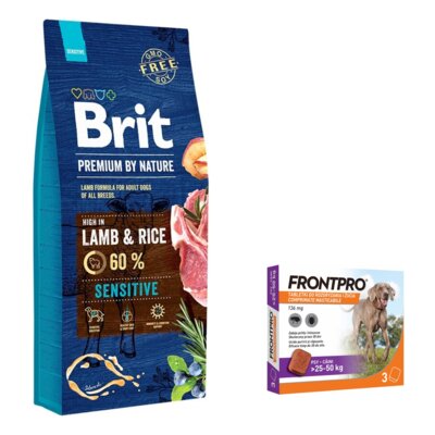 Karma dla psa BRIT Premium By Nature Jagnięcina z ryżem 15 kg + Tabletka przeciw pchłom i kleszczom FRONTPRO XL (25 - 50 kg) Ochrona przez 12 tygodni