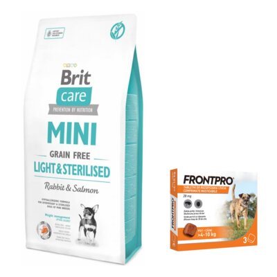 Karma dla psa BRIT Care Mini Light & Sterilised Królik z łososiem 7 kg + Tabletka przeciw pchłom i kleszczom FRONTPRO M (4 - 10 kg) Ochrona przez 12 tygodni