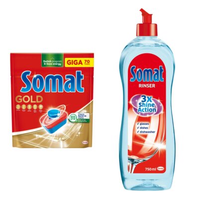 Tabletki do zmywarek SOMAT Gold - 70 szt. + Nabłyszczacz do zmywarek SOMAT Rinser 750 ml
