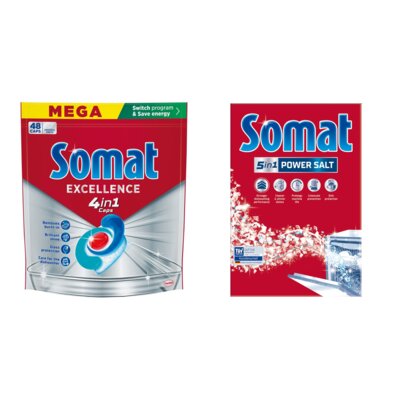 Kapsułki do zmywarek SOMAT Excellence 4 in 1 - 48 szt. + Sól do zmywarek SOMAT 1.5 kg