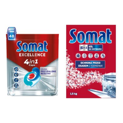 Kapsułki do zmywarek SOMAT Excellence 4 in 1 - 48 szt. + Sól do zmywarek SOMAT 1.5 kg