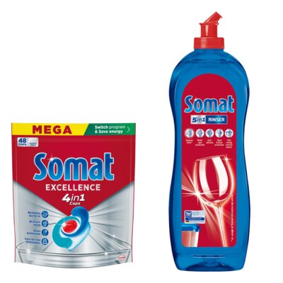 Kapsułki do zmywarek SOMAT Excellence 4 in 1 - 48 szt. + Nabłyszczacz do zmywarek SOMAT Rinser 750 ml