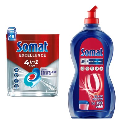 Kapsułki do zmywarek SOMAT Excellence 4 in 1 - 48 szt. + Nabłyszczacz do zmywarek SOMAT Rinser 750 ml