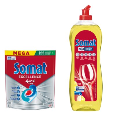 Kapsułki do zmywarek SOMAT Excellence 4 in 1 - 48 szt. + Nabłyszczacz do zmywarek SOMAT Lemon & Lime 750 ml