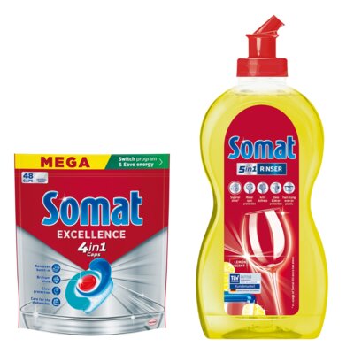 Kapsułki do zmywarek SOMAT Excellence 4 in 1 - 48 szt. + Nabłyszczacz do zmywarek SOMAT Lemon & Lime 500 ml