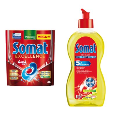 Kapsułki do zmywarek SOMAT Excellence 4 in 1 - 48 szt. + Nabłyszczacz do zmywarek SOMAT Lemon & Lime 500 ml