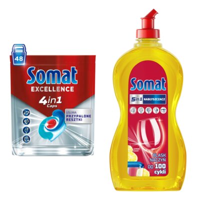 Kapsułki do zmywarek SOMAT Excellence 4 in 1 - 48 szt. + Nabłyszczacz do zmywarek SOMAT Lemon & Lime 500 ml