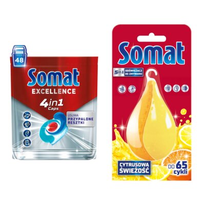 Kapsułki do zmywarek SOMAT Excellence 4 in 1 - 48 szt. + Odświeżacz do zmywarek SOMAT Somat Deo Lemon
