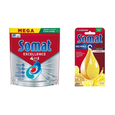 Kapsułki do zmywarek SOMAT Excellence 4 in 1 - 48 szt. + Odświeżacz do zmywarek SOMAT Somat Deo Lemon
