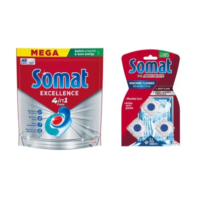 Kapsułki do zmywarek SOMAT Excellence 4 in 1 - 48 szt. + Kapsułki do czyszczenia zmywarki SOMAT Machine Cleaner - 3 szt.