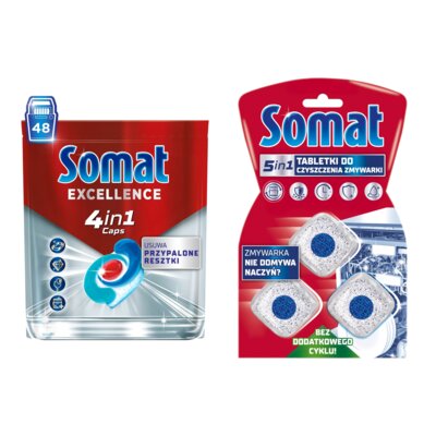 Kapsułki do zmywarek SOMAT Excellence 4 in 1 - 48 szt. + Kapsułki do czyszczenia zmywarki SOMAT Machine Cleaner - 3 szt.