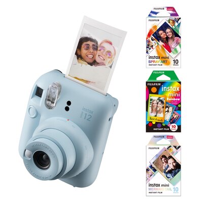 Aparat FUJIFILM Instax Mini 12 Niebieski + Wkłady do aparatu FUJIFILM Instax Mini Spray Art 10 arkuszy + Wkład do aparatu FUJIFILM Instax Mini Mermaid Tail 10 arkuszy + Wkład do aparatu FUJIFILM Instax Mini Rainbow 10 arkuszy
