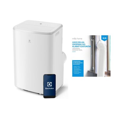 Klimatyzator przenośny ELECTROLUX EXP34U339HW Osuszanie Timer Tryb Auto Tryb Nocny Wentylacja Wi-Fi Ogrzewanie Biały + Uszczelka okienna MILLA HOME do klimatyzatorów przenośnych ACA101