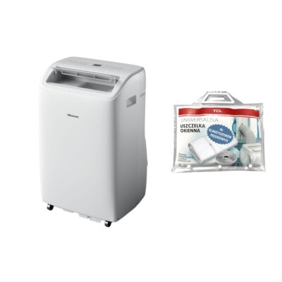 Klimatyzator przenośny HISENSE APC12QC Osuszanie Timer Tryb Auto Wentylacja Biały + Uszczelka okienna TCL do klimatyzatora 4 m