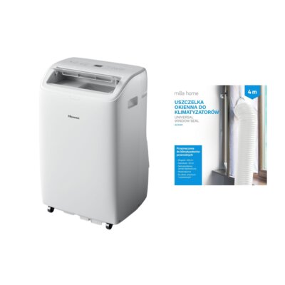 Klimatyzator przenośny HISENSE APC12QC Osuszanie Timer Tryb Auto Wentylacja Biały + Uszczelka okienna MILLA HOME do klimatyzatorów przenośnych ACA101