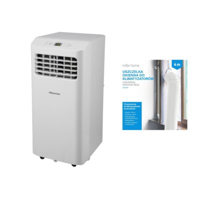 Klimatyzator przenośny HISENSE VAPC09 Funkcja Sleep Osuszanie Timer Tryb Auto Wentylacja Biały + Uszczelka okienna MILLA HOME do klimatyzatorów przenośnych ACA101