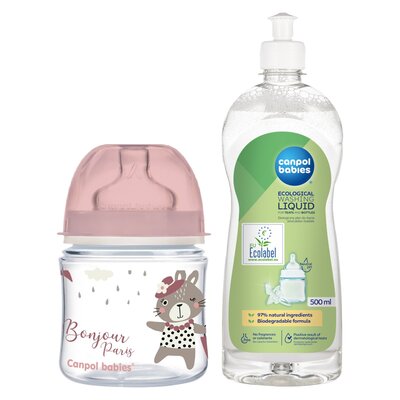 Butelka CANPOL BABIES EasyStart Bonjour Paris 120 ml Różowy + Płyn CANPOL BABIES do mycia smoczków i butelek 500 ml