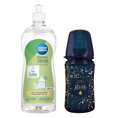 Butelka LOVI Stardust 21 585 240 ml Granatowy + Płyn CANPOL BABIES do mycia smoczków i butelek 500 ml