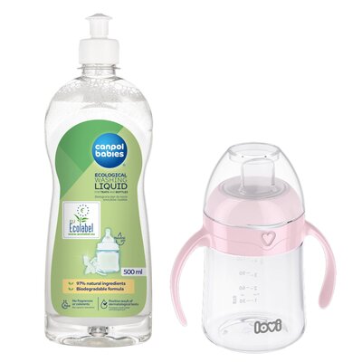 Butelka LOVI 35 353 Różowy + Płyn CANPOL BABIES do mycia smoczków i butelek 500 ml