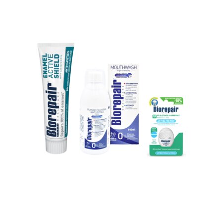 Pasta do zębów BIOREPAIR Aktywna Tarcza 75 ml + Płyn do płukania jamy ustnej BIOREPAIR Plus 500 ml + Nić dentystyczna BIOREPAIR Miętowa (50 m)