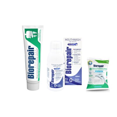 Pasta do zębów BIOREPAIR Pełna ochrona 75 ml + Płyn do płukania jamy ustnej BIOREPAIR Plus 500 ml + Nić dentystyczna BIOREPAIR Woskowana (36 sztuk)